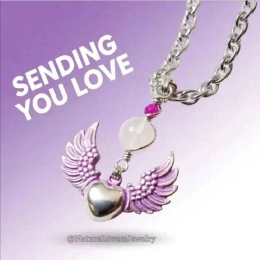 Winged Heart Clear Quartz Necklace • Patina Pink • Only One Left • Mother’s Day